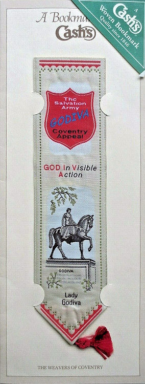 J & J Cash woven bookmark, with title words inside a shield