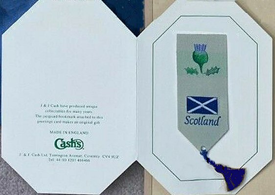 Cash's woven bookmark titled: SCOTLAND, normally attached to a greeting card