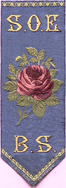 J & J Cash woven bookmark, with title initials and image of red rose