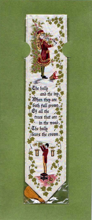Cash's woven bookmark with woven words of the carol, woman and man and lots of leaves