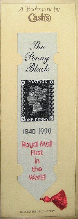 Cash's woven bookmark with image of the Peny Black stamp, and title words
