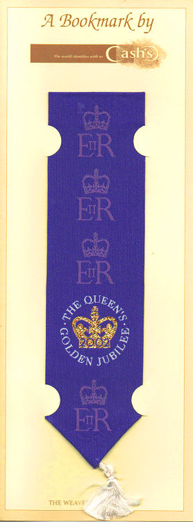Cash's woven bookmark in purple, with woven title towards the pointed end