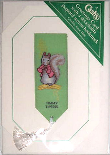 Cash's greeting card, with an attached woven bookmark titled: TIMMY TIPTOES