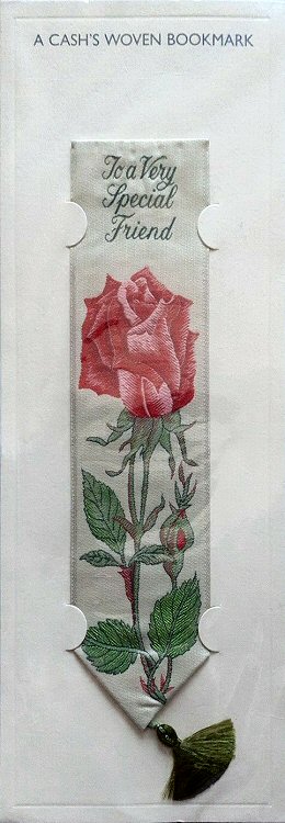 Cash's woven bookmark with title words and image of a red rose
