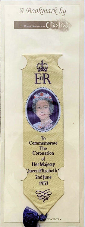 Cash's bookmark with words celebrating the Centenary of Queen Elizabeth II coronation