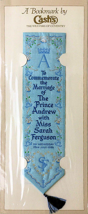 Cash's bookmark with words celebrating wedding of Prince Andrew and Sarah Ferguson