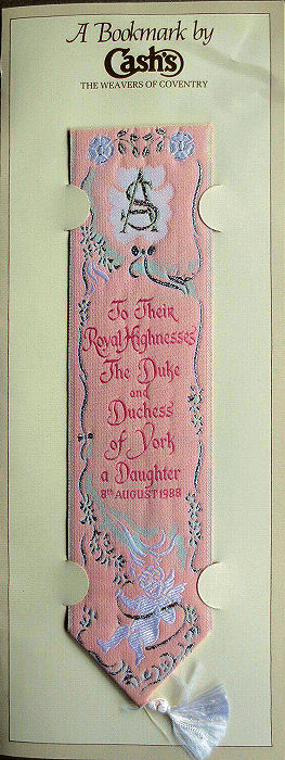 Cash's bookmark with words celebrating birth of daughter Beatrice to Prince Andrew and Sarah, with pink coloured background
