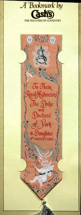 Cash's bookmark with words celebrating birth of daughter Beatrice to Prince Andrew and Sarah, with peach coloured background