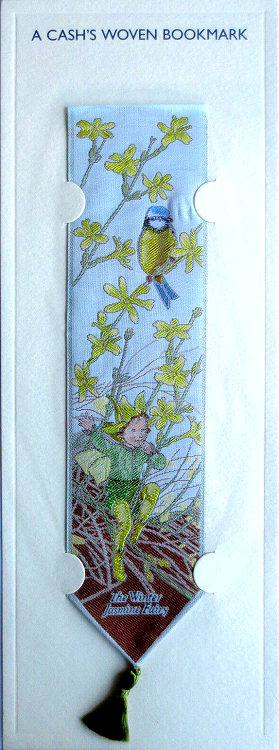 Cash's bookmark with image of a blue tit and a fairy, and woven title words
