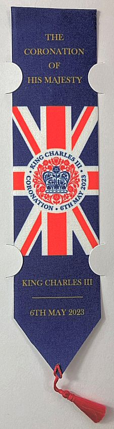 J & J Cash woven bookmark, with title words, The Coronation of His Majesty, being King Charles III Coronation