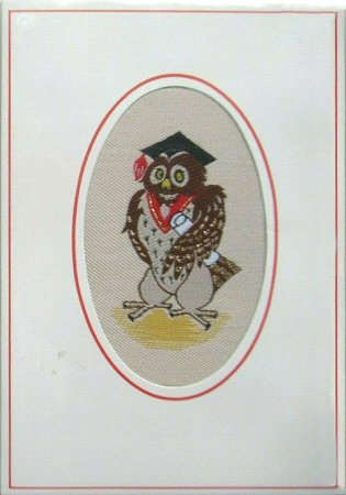 J & J Cash's greetings card with no words, but woven image of an owl with Graduation cap & scroll