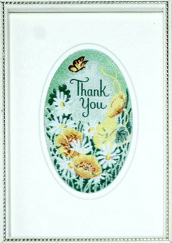 J & J Cash's greetings card with words woven on tapestry, THANK YOU, and image of a flowers and a butterfly