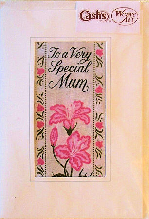 J & J Cash's greetings card with words woven on tapestry, To a very special Mum, and image of flowers