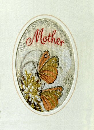 J & J Cash's greetings card with word, MOTHER woven into the design and image of butterflies