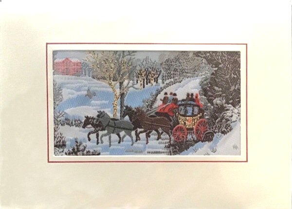 J & J Cash woven Christmas card, with no words, but with a horse drawn coach in a snow scene