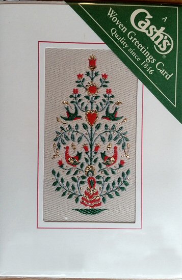 J & J Cash woven Christmas card, with no words, with image of a Crewel Tree