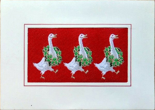 J & J Cash woven Christmas card, with no words, with image of three geese