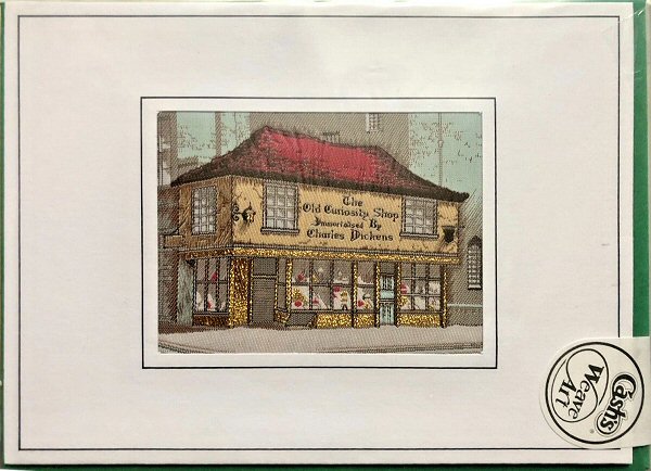 J & J Cash woven card, with no words, but with a picture of The Old Curiosity Shop
