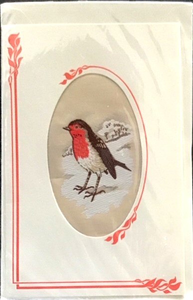 J & J Cash woven Christmas card, with no words, with image of a robin