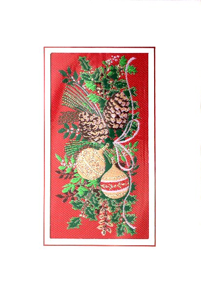 J & J Cash woven Christmas card, with no words, but image of a spray of holly, fir cones & baubles