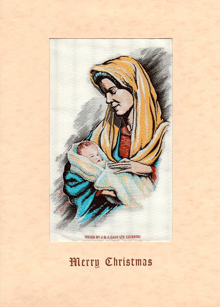 J & J Cash woven Christmas card, with MERRY CHRISTMAS words, but image of Madonna & Child