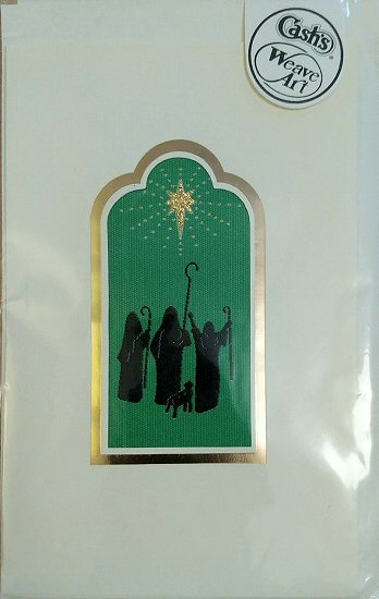 J & J Cash woven Christmas card, with no words, with image of a three shepherds and a star
