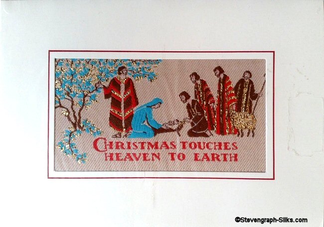 J & J Cash woven Christmas card, with words Christmas touches heaven to earth