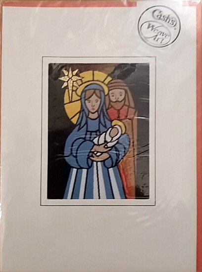 J & J Cash woven Christmas card, with no words, but image of the Nativity, with Mary, Jesus and Joseph