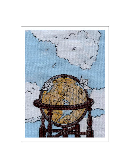 J & J Cash woven Nostalgic card, with no words, but image of a world globe, titled: GLOBE