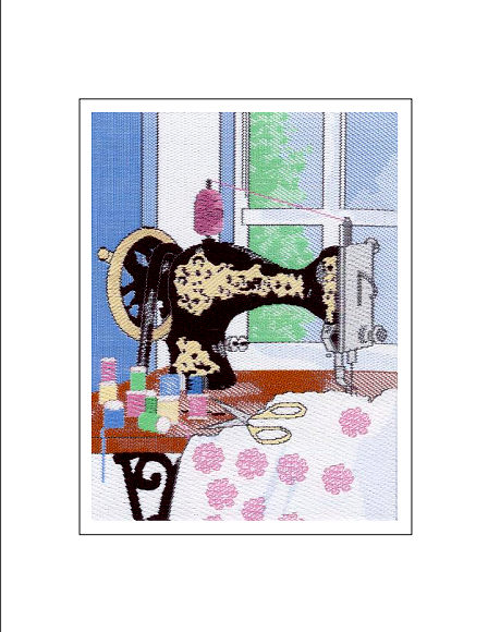 J & J Cash woven Nostalgic card, with no words, but image of an old foot driven sewing machine, titled: SEWING MACHINE