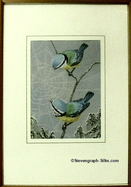 J & J Cash woven card, with no words, but picture of two Blue Tits with cobweb