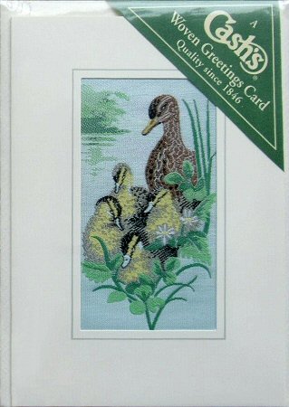 J & J Cash woven card, with no words, but picture of a mallard duck and young