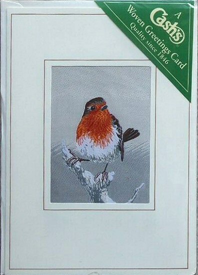 J & J Cash woven card, with no words, but picture of a Robin on a snow covered branch