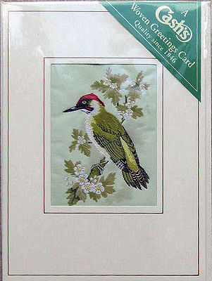 J & J Cash woven card, with no words, but picture of a Green Woodpecker