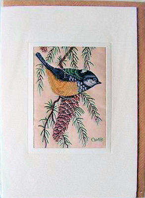 J & J Cash woven card, with no words, but picture of a Coal Tit - with fir tree cones