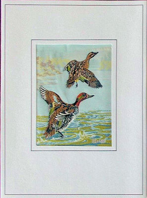 J & J Cash woven card, with no words, but picture of a pair of Green Winged Teal