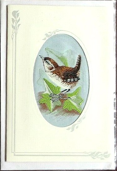 J & J Cash woven card, with no words, but picture of a Wren on ivy leaves