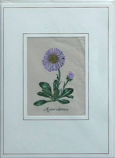J & J Cash woven flower card, with woven title words of Aster alpinus