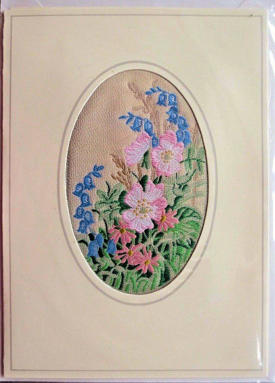 J & J Cash woven flower card, with no title words, but picture of bluebells and other flowers