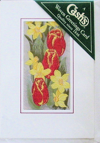 J & J Cash woven flower card, with no title words, but picture of Daffodils & Tulips