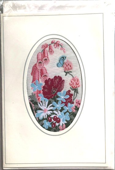 J & J Cash woven flower card, with no title words, but picture of Foxgloves