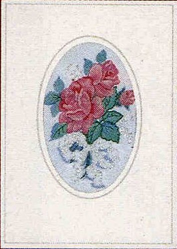 J & J Cash woven flower card, with no title words, but picture of pink and silver coloured roses