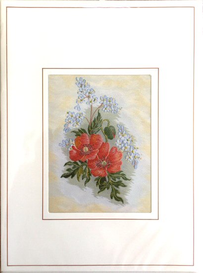 J & J Cash woven flower card, with image of two red poppies & blue flowers