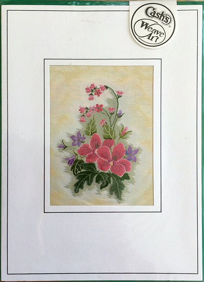 J & J Cash woven flower card, with image of Wild Geranium flowers