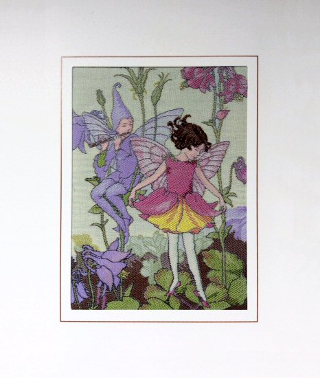 J & J Cash woven card, with no words, with image of Columbine Flower Fairies