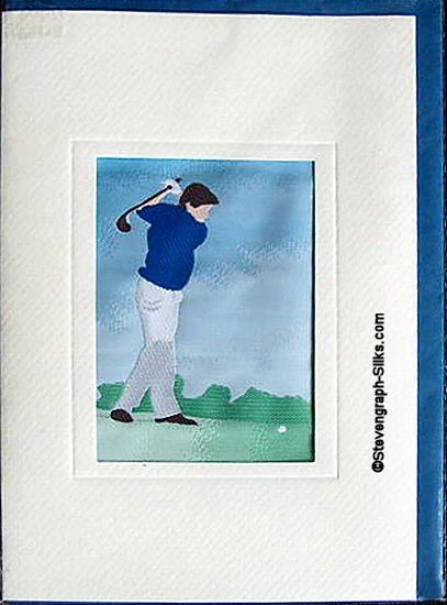 J & J Cash woven sports card, with image of a golfer