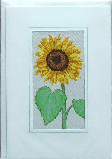 J & J Cash woven flower card, with no title words, just image of a sunflower