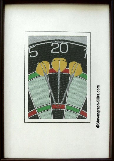 J & J Cash woven sports card, with image of a dart board with three darts, or arrows