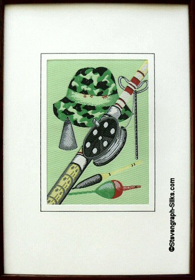 J & J Cash woven sports card, with image of a fishing rod, hat and floats