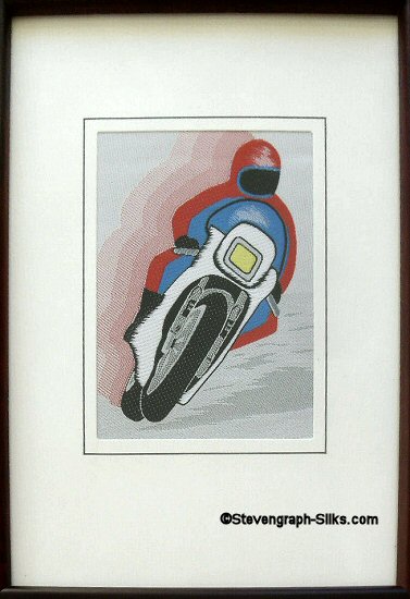 J & J Cash woven sports card, with image of a motorcycle